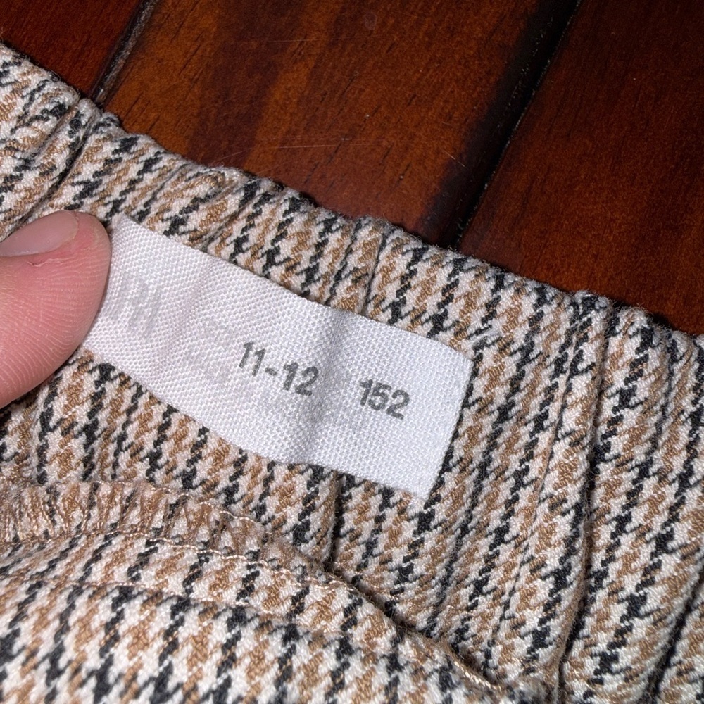 ZARA girls plaid trousers size 11-12 brown houndstooth elastic waist long - Picture 5 of 6
